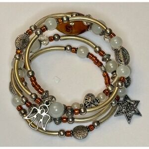 Boho Memory Wire Wrap Bracelet Angel Star of David Heart Charms Beaded Silver